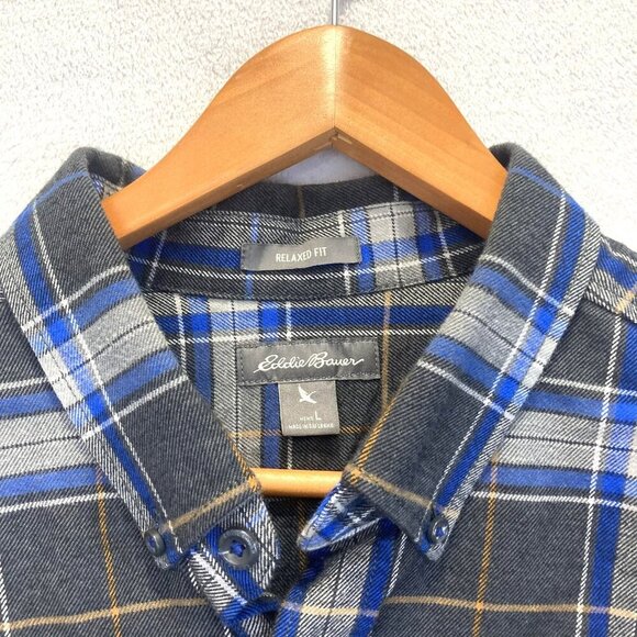 Eddie Bauer Relaxed Fit Flannel Shirt Mens Large Blue Gray Plaid Button Up Cabin - Picture 5 of 15